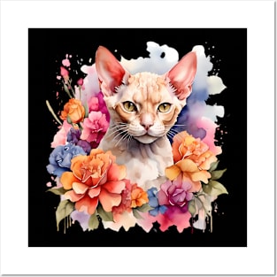 A devon rex cat decorated with beautiful watercolor flowers Posters and Art